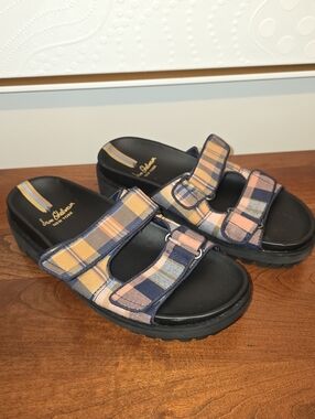 Sam Edelman Plaid Double-Strap Slide Sandals in Navy & Peach